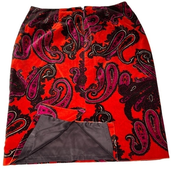 TALBOTS Orange Velvet Purple Paisley Pencil Midi Skirt Size 2 - Picture 6 of 15